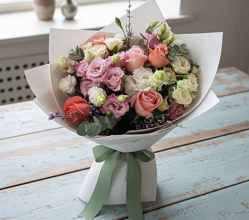 Букет цветов из: Розы, Лизиантусы и Гвоздики в Амерево