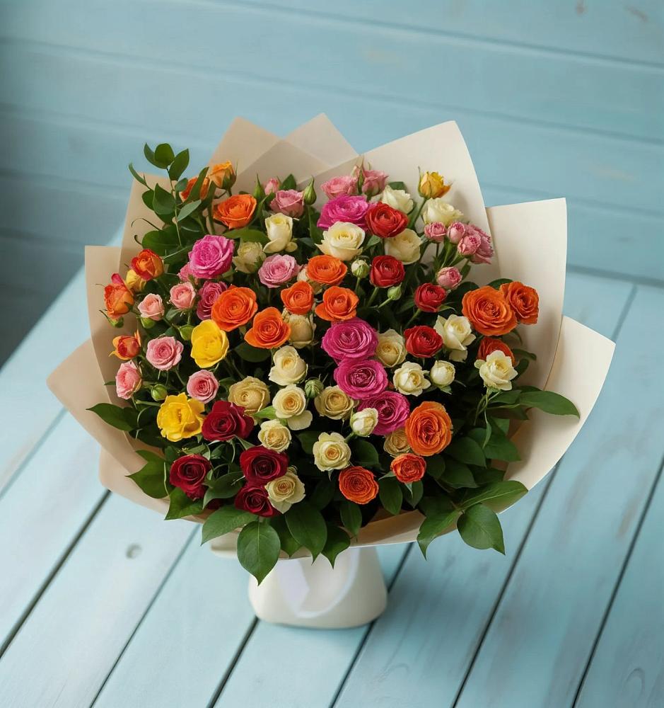 Букет Микс из разноцветных кустовых роз в Амерево