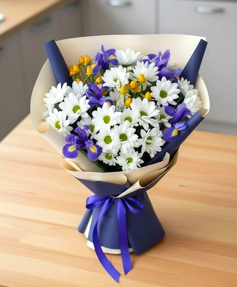 Букет цветов из: Розы, Ирисы и Хризантемы в Амерево