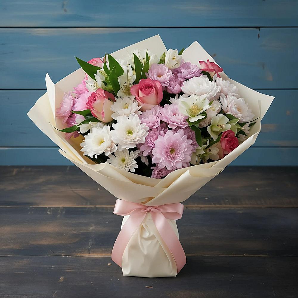 Букет цветов из: Хризантемы, Альстромерии и Розы в Амерево